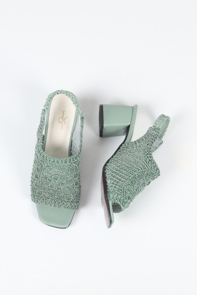 Yeşil Hasır Örgü Arkası Lastikli Topuklu Sandalet 113059