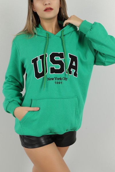 Yeşil İçi Şardonlu Kapüşonlu Bayan Sweat 146381
