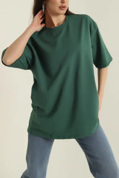 Yeşil İki İp Bisiklet Yaka Kadın Oversize Tişört 423909