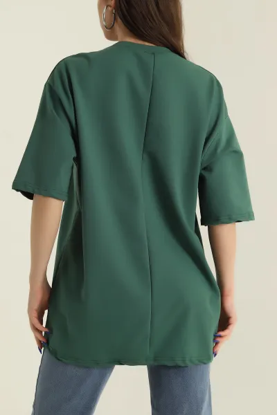 Yeşil İki İp Bisiklet Yaka Kadın Oversize Tişört 423909