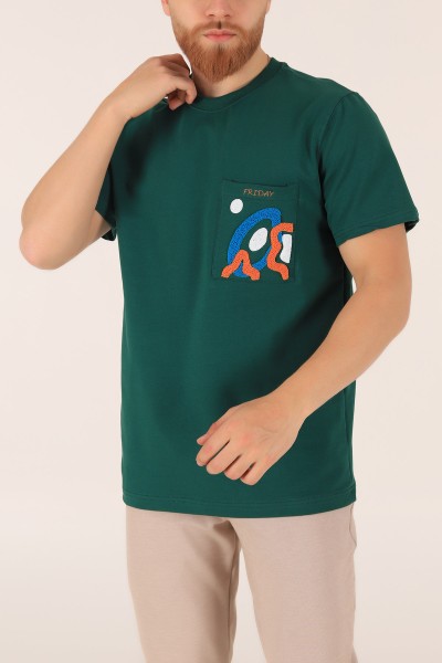 Yeşil İki İp İşlemeli Oversize Erkek Tişört 163746