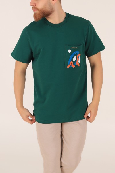 Yeşil İki İp İşlemeli Oversize Erkek Tişört 163746