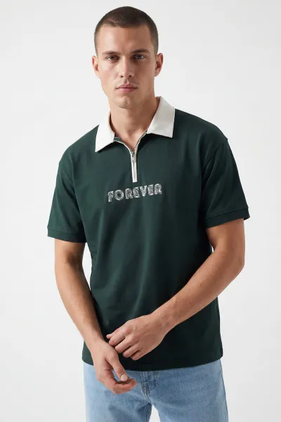 Yeşil İki İp Polo Yaka Yarım Fermuarlı Erkek Tişört 435196