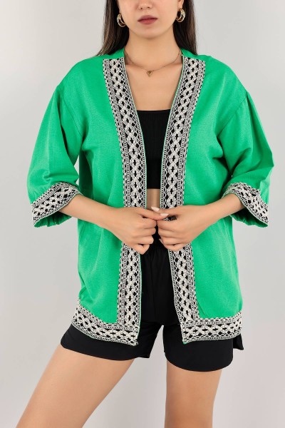 Yeşil İşlemeli Keten Kimono 119624