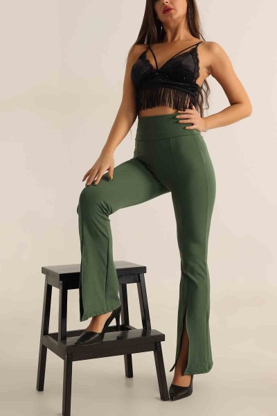 Yeşil İspanyol Paça YIrtmaçlı Bayan Pantalon 198825