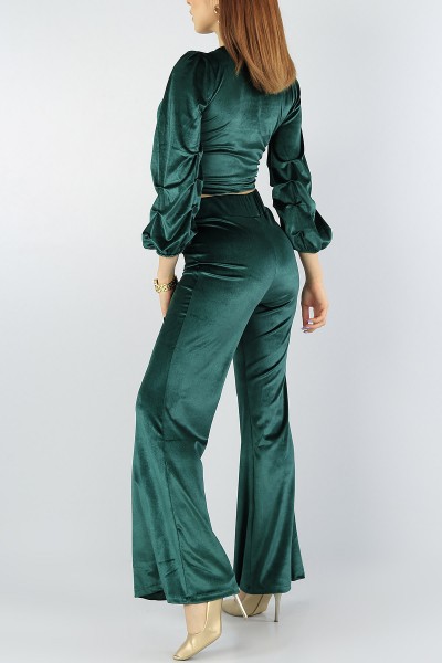 Yeşil Kadife Bluz Pantolon Bayan İkili Takım 55433