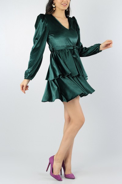 Yeşil Kadife Kemerli Elbise 55467