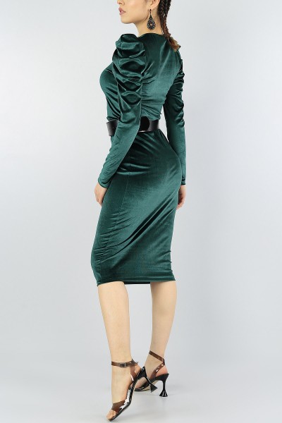 Yeşil Kadife Kemerli Elbise 55698
