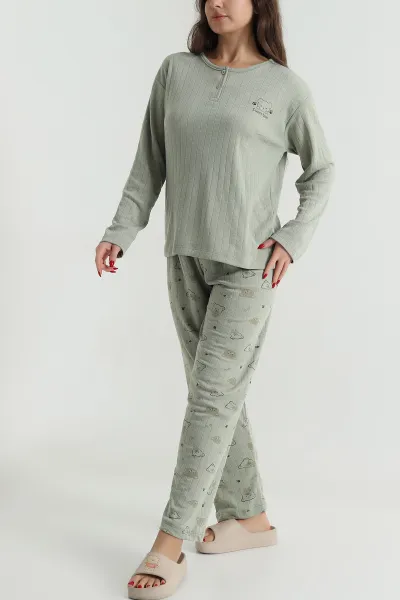 Yeşil Kalın Fitilli Viskon Kadın Pijama Takımı 494632