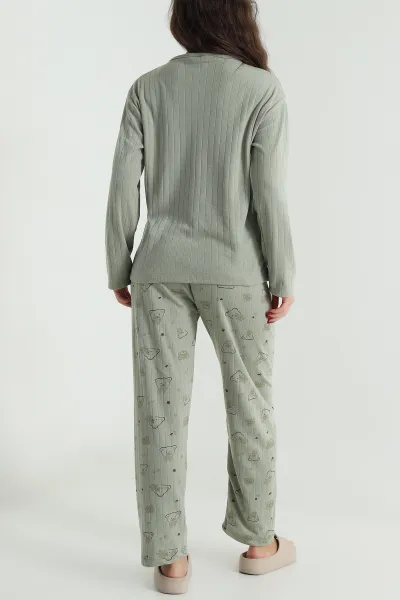 Yeşil Kalın Fitilli Viskon Kadın Pijama Takımı 494632