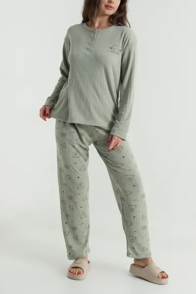 Yeşil Kalın Fitilli Viskon Kadın Pijama Takımı 494632