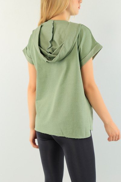 Yeşil Kapüşonlu Bayan Kolsuz Sweat 75019
