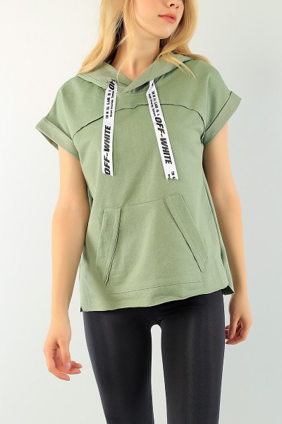 Yeşil Kapüşonlu Bayan Kolsuz Sweat 75019
