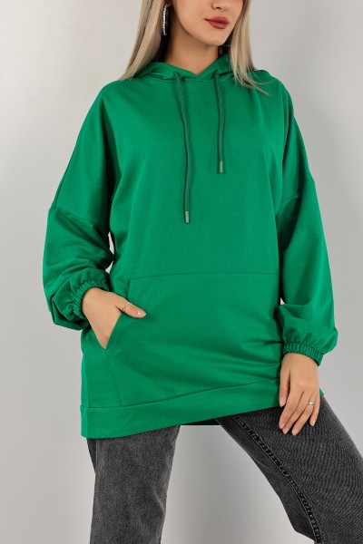 Yeşil Kapüşonlu Cepli İki İp Bayan Sweat Tunik 134978