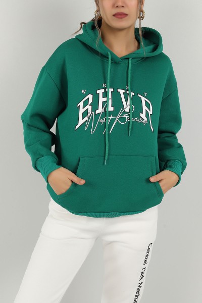 Yeşil Kapüşonlu İçi Şardonlu Bayan Sweat 145304