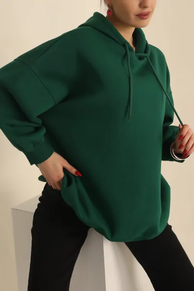 Yeşil Kapüşonlu İçi Şardonlu Oversize Sweat 229546