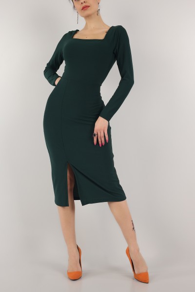 yesil-kare-yaka-yirtmacli-elbise-153312