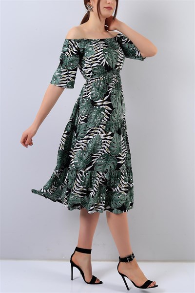 Yeşil Kayık Yaka Bayan Elbise 15920B