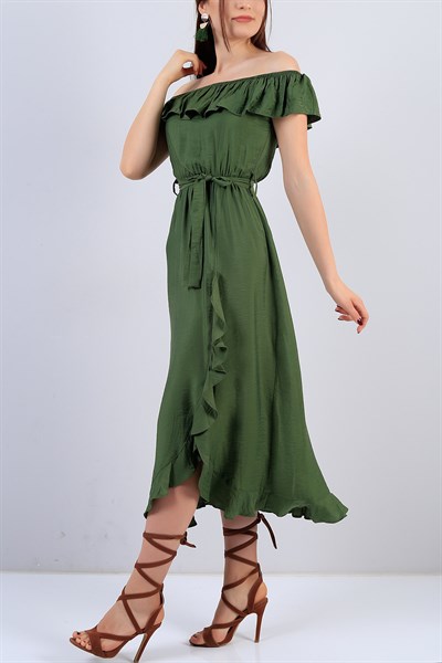 Yeşil Kayık Yaka Yırtmaçlı Bayan Elbise 15594B
