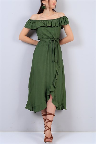 Yeşil Kayık Yaka Yırtmaçlı Bayan Elbise 15594B