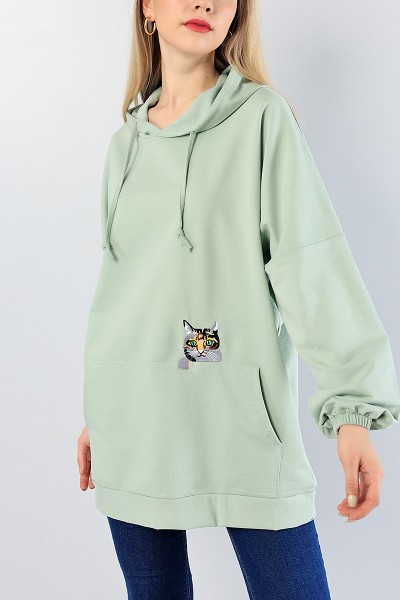 Yeşil Kedi Nakışlı Sweat Tunik 81335