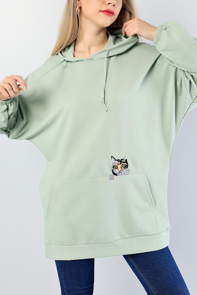 Yeşil Kedi Nakışlı Sweat Tunik 81335
