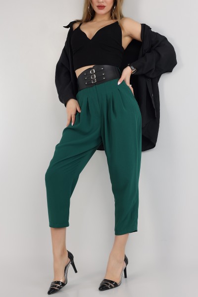 Yeşil Kemer Detay Pileli Şalvar Pantolon 165016