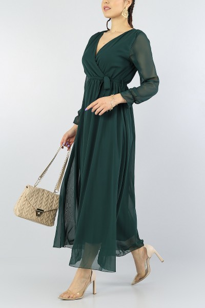 Yeşil Kemerli Astarlı Şifon Elbise 55619
