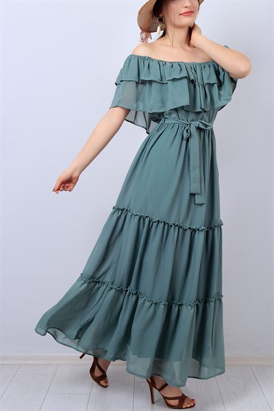 Yeşil Kemerli Bükümlü Bayan Şifon Elbise 13622B