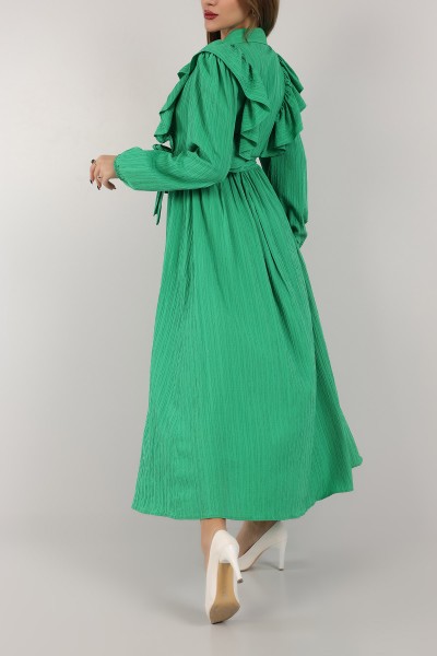 Yeşil Kemerli Fırfırlı Dokuma Elbise 157892