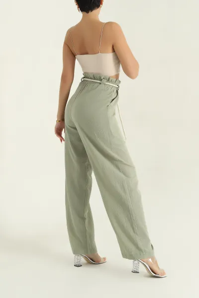 Yeşil Kemerli Keten Kadın Pantolon 377424