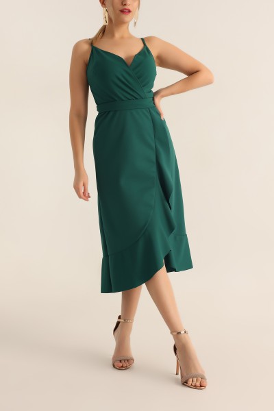 Yeşil Kemerli Volanlı Krep Elbise 179521