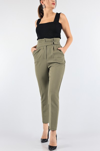 Yeşil Kendinden Kemerli Bayan Pantolon 87648