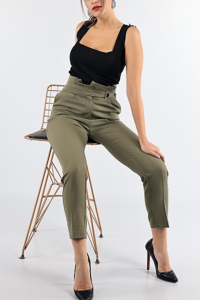 Yeşil Kendinden Kemerli Bayan Pantolon 87648