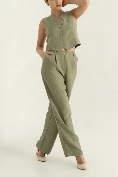 yesil-keten-yelek-pantolon-kadin-ikili-takim-366278