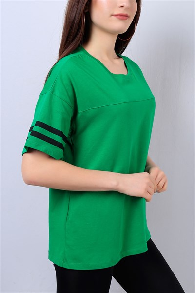 Yeşil Kol Şeritli Bayan Tişört 14009B