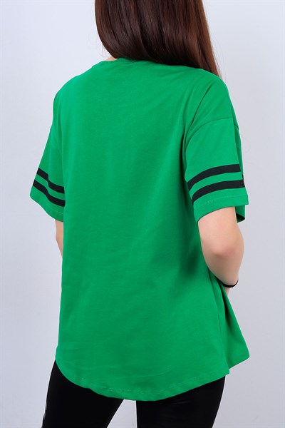 Yeşil Kol Şeritli Bayan Tişört 14009B