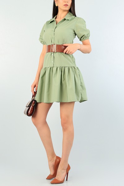Yeşil Kol ve Yaka Dantelli Poplin Elbise 63411