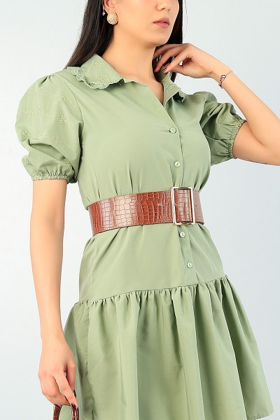 Yeşil Kol ve Yaka Dantelli Poplin Elbise 63411