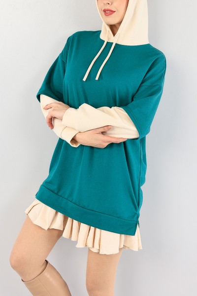 Yeşil Kolları Eklemeli Kapüşonlu Sweat Tunik 88779
