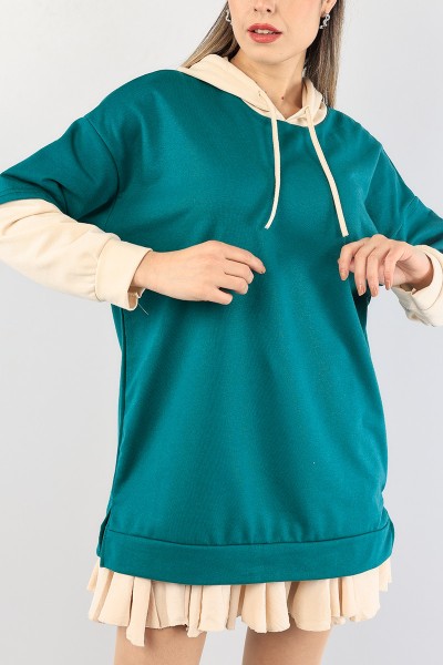 Yeşil Kolları Eklemeli Kapüşonlu Sweat Tunik 88779