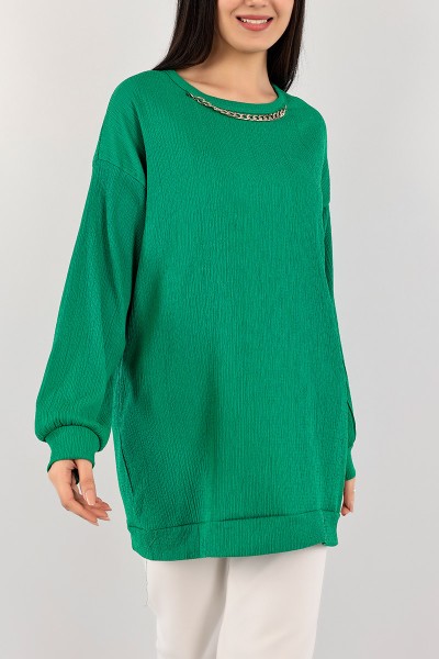 Yeşil Krinkıl Kumaş Zincir Kolyeli Tunik 106775