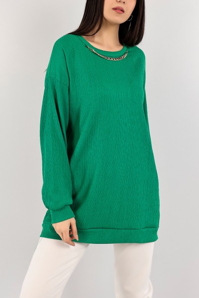Yeşil Krinkıl Kumaş Zincir Kolyeli Tunik 106775