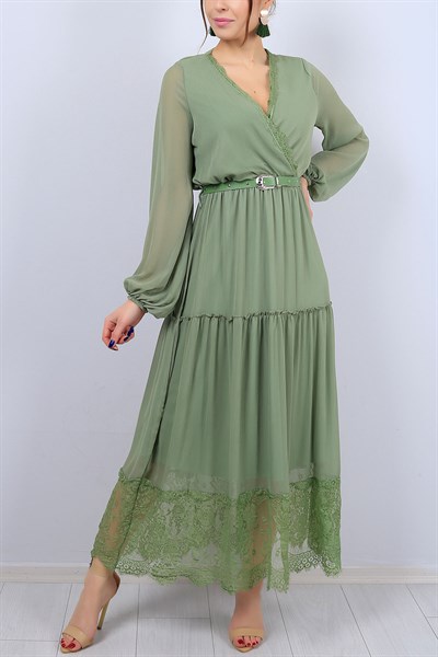 Yeşil Kruvaze Yaka Bayan Kemerli Elbise 12416B