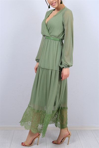 Yeşil Kruvaze Yaka Bayan Kemerli Elbise 12416B