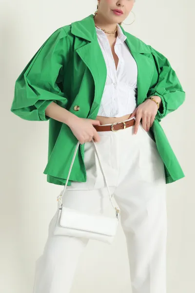 Yeşil Kruvaze Yaka Oversize Trenç Kumaş Kadın Ceket 429806