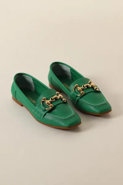 Yeşil Küt Burunlu Gold Tokalı Babet Ayakkabı 269498