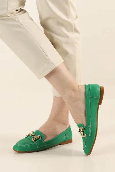 Yeşil Küt Burunlu Gold Tokalı Babet Ayakkabı 269498