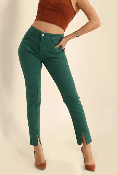 Yeşil Likralı Yırtmaçlı Paça Kot Pantolon 228371