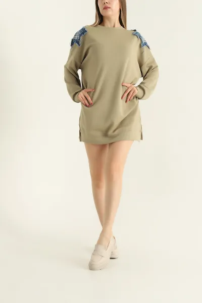 Yeşil Modal Kumaş Kot Detay Sweat Tunik 302645